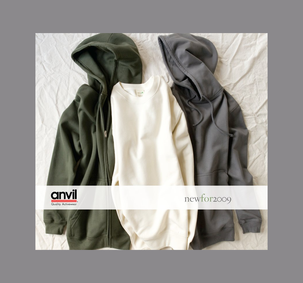 Anvil lookbook cover — three hoodies in olive, cream, and charcoal