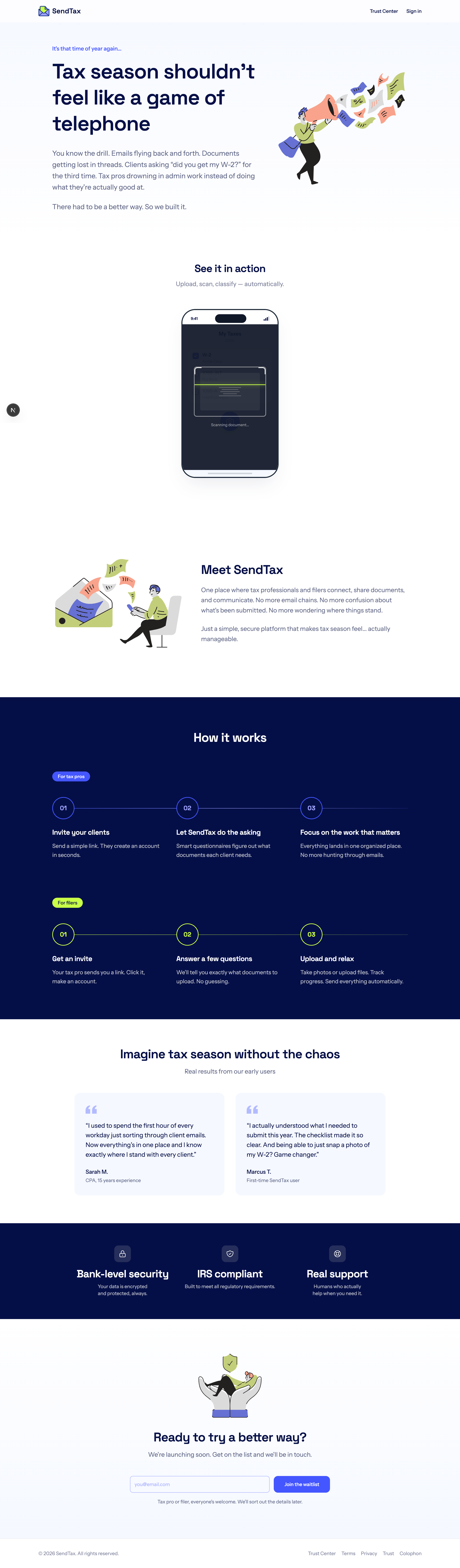 The SendTax marketing homepage before the rework