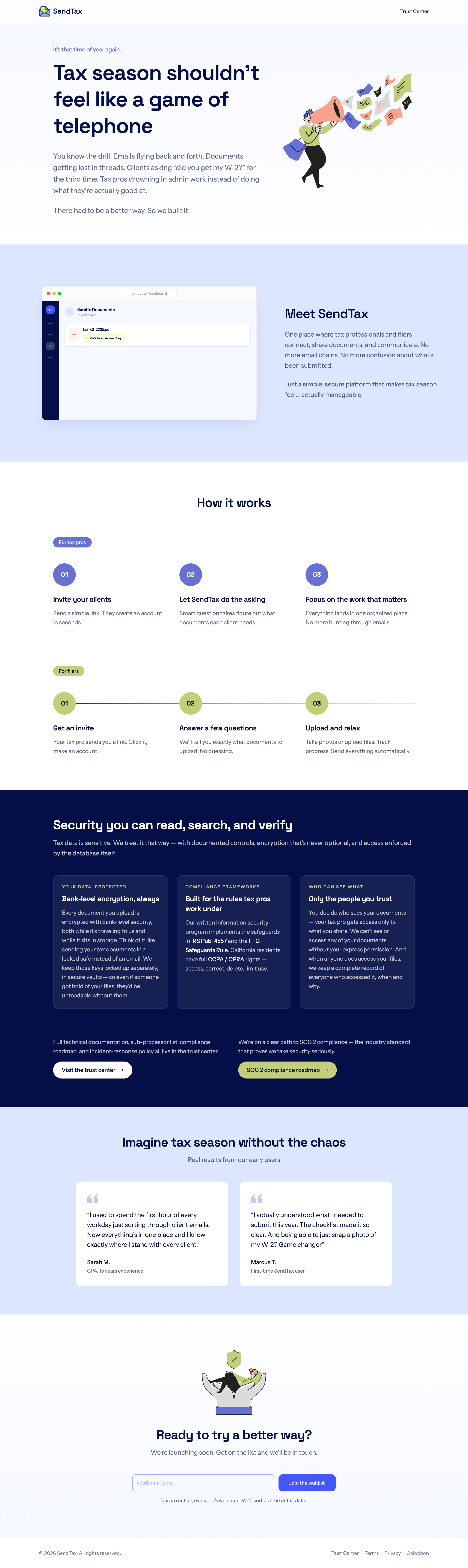 The reworked SendTax marketing homepage