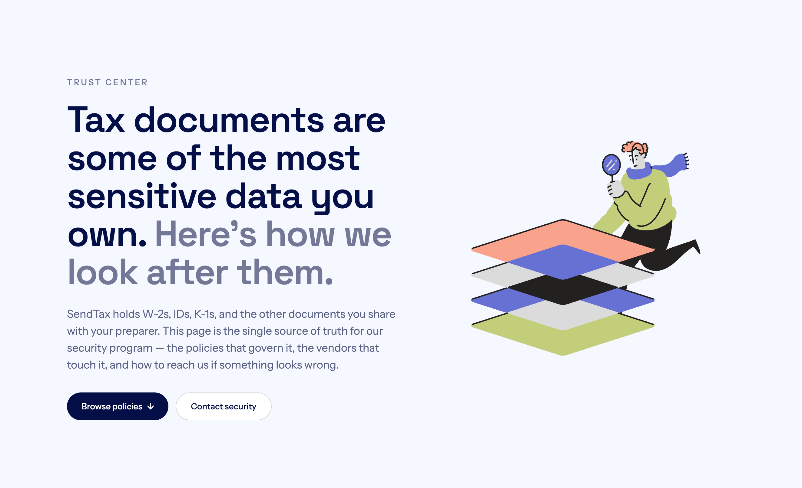 The SendTax Trust Center, a public page headlined "Tax documents are some of the most sensitive data you own. Here's how we look after them."