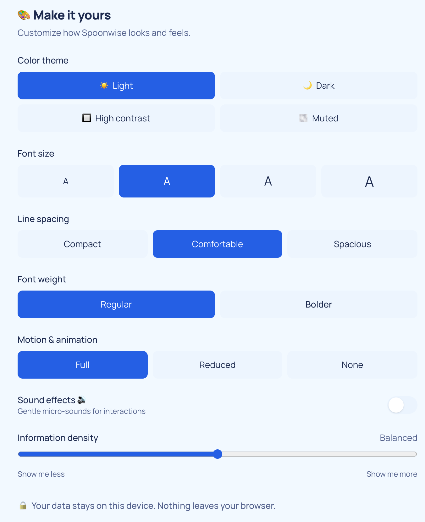 The Make It Yours panel: color theme, font size, line spacing, font weight, motion, sound, and information density controls