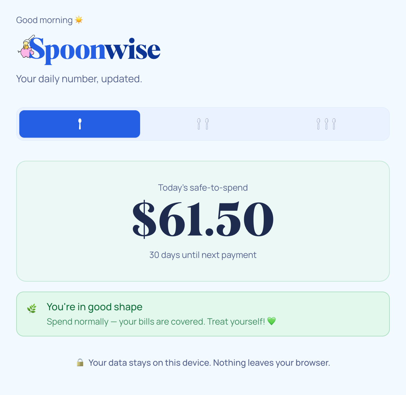Spoonwise in one-spoon mode: just the toggle, today's number, and the status light — nothing else to process