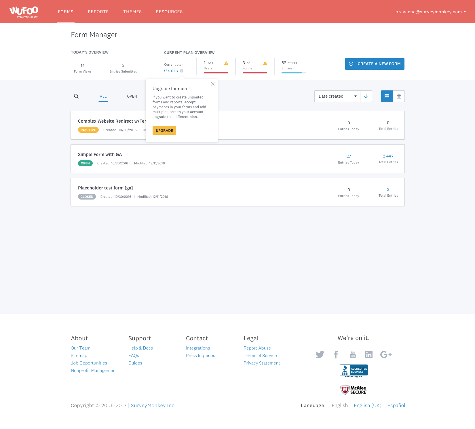 Final design — free plan dashboard