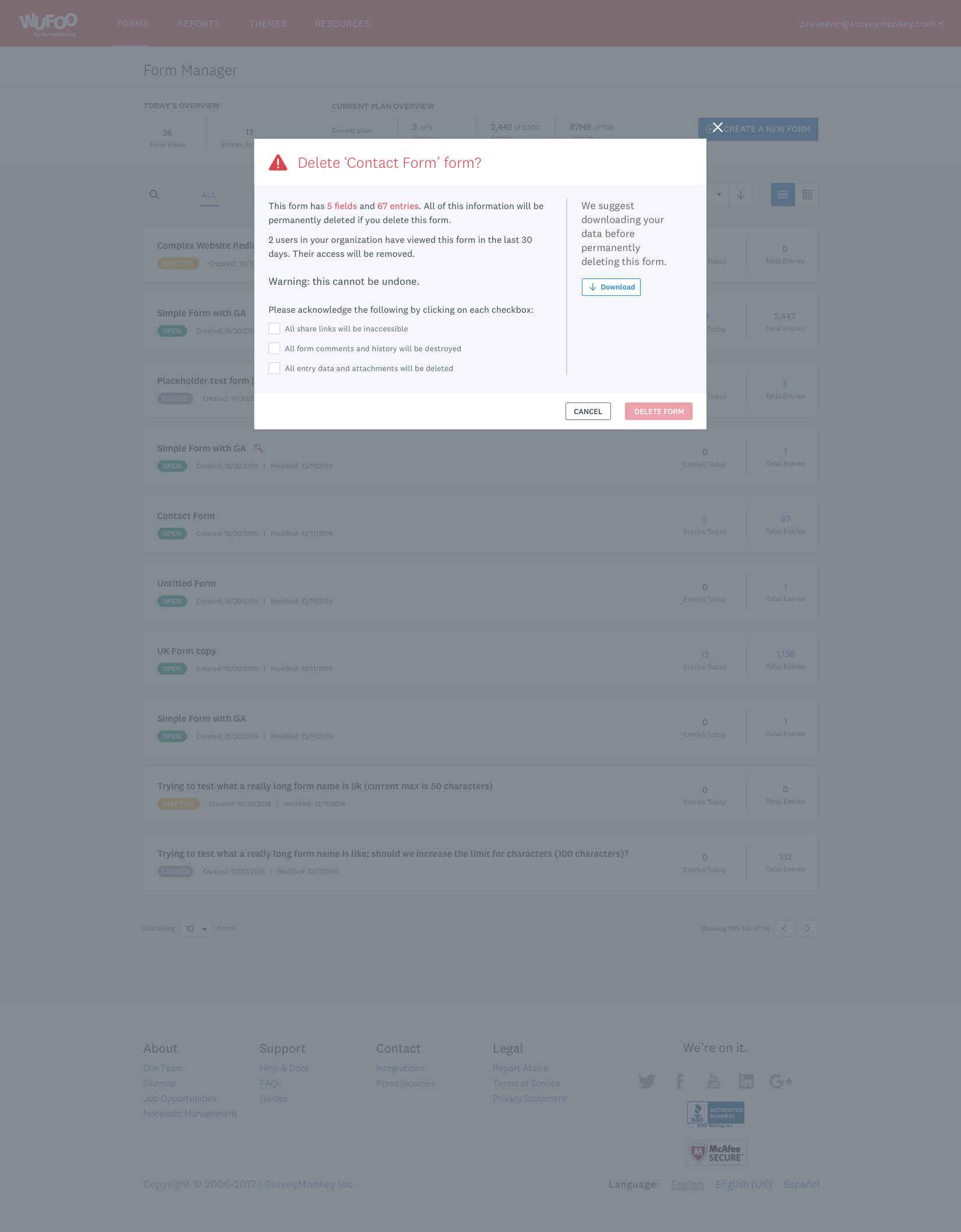 Final design — delete single form