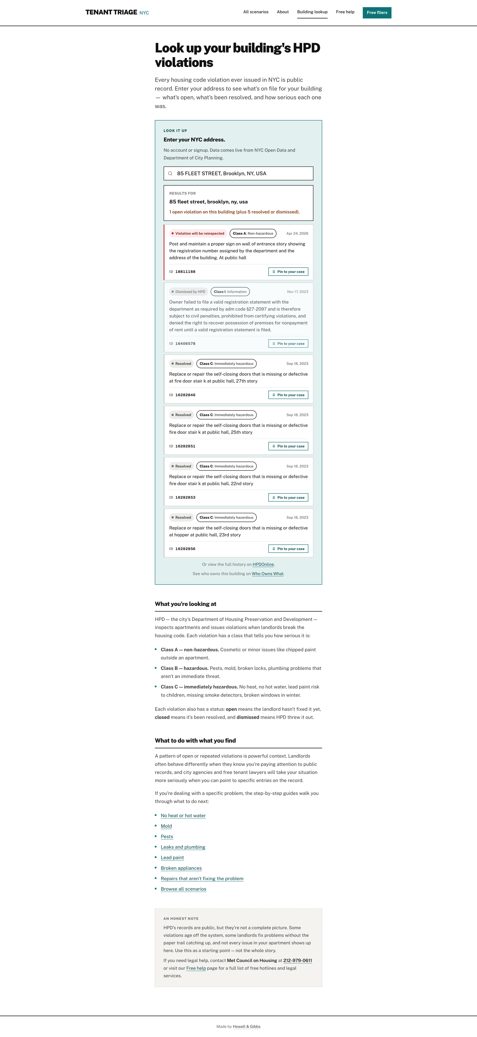 Building lookup results for a Brooklyn address, listing violations with status and severity class