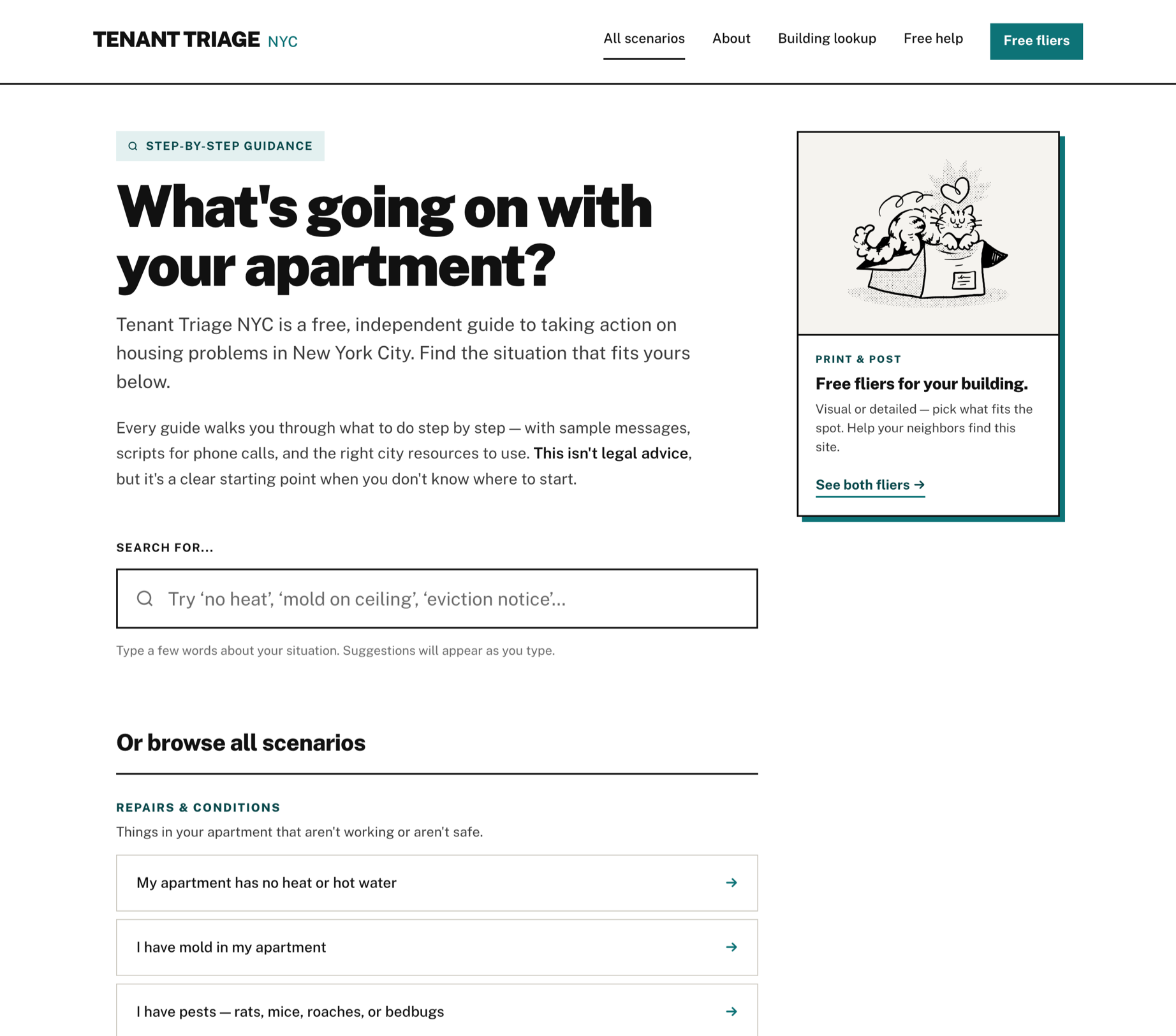 The top of the Tenant Triage NYC home page — a scenario picker and search bar under the headline "What's going on with your apartment?", with a free-fliers card in the sidebar