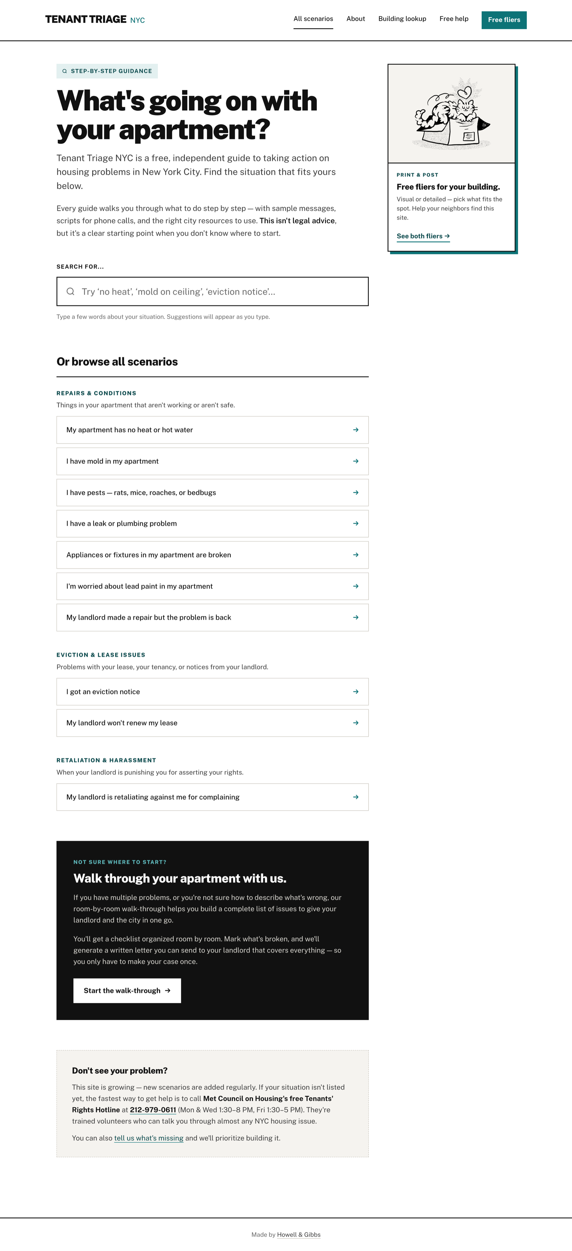 The Tenant Triage NYC home page, showing the scenario picker and search